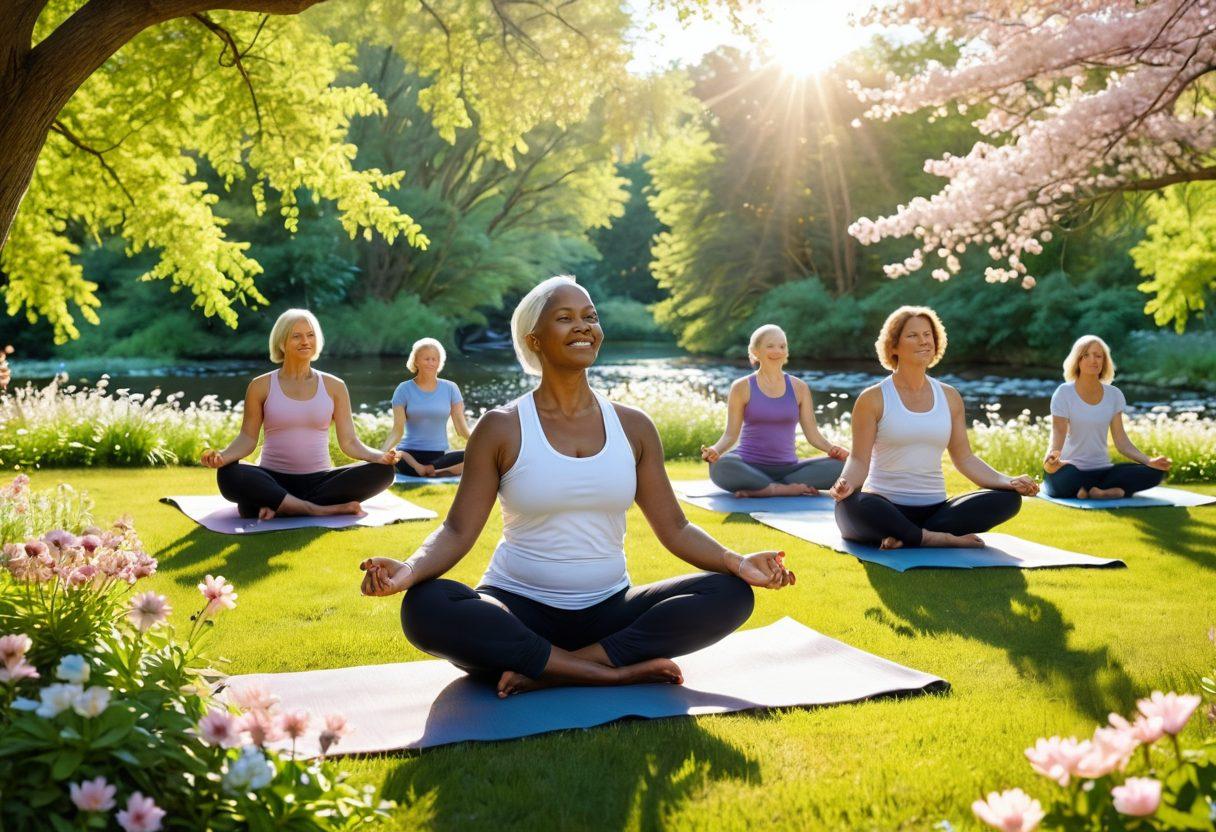 A serene landscape featuring a diverse group of cancer survivors practicing yoga in a sunlit park, surrounded by blooming flowers symbolizing hope. Soft sunlight filtering through trees as they share smiles and support. In the background, a gentle stream flows, representing healing and resilience. The atmosphere is uplifting and nurturing. vibrant colors. super-realistic.