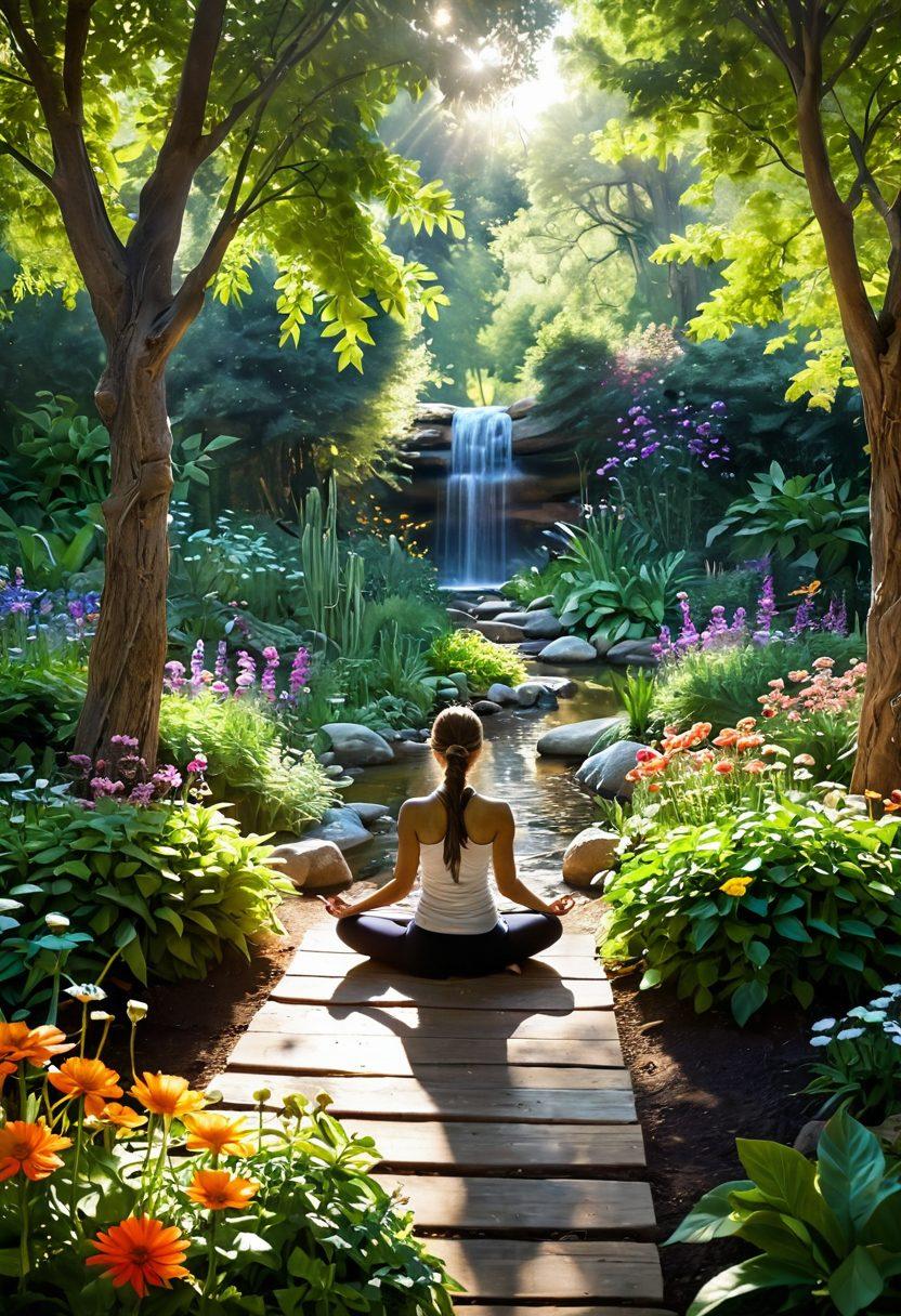 A serene and tranquil garden scene illustrating diverse holistic health practices, including yoga, meditation, and herbal remedies. Incorporate elements like a flowing stream, vibrant flowers, and a diverse group of individuals practicing mindfulness together. Rays of sunlight filtering through the trees, symbolizing hope and vitality in survivorship. super-realistic. vibrant colors. peaceful atmosphere.